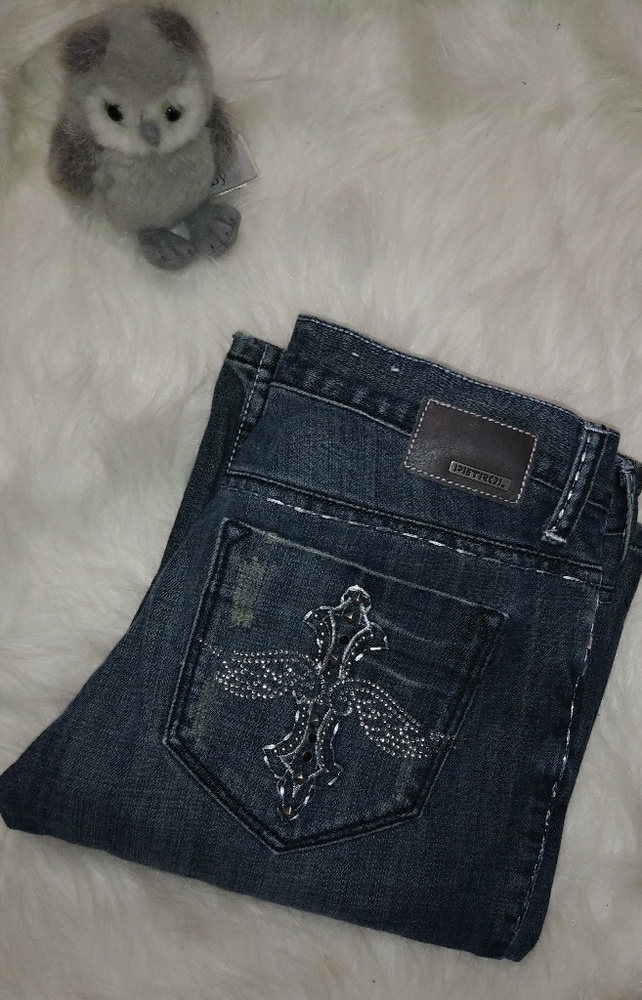 Petrol STERLING 31x33.5 TALL Low Flare Rise Bling Cross Wing Jeans